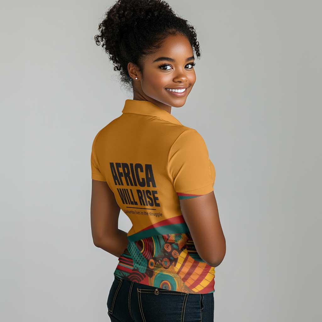 Patrice Lumumba Women Polo Shirt with Profile Portrait and Bold Africa Will Rise Statement - African Pride