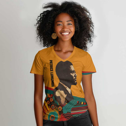 Patrice Lumumba Women V-Neck T-Shirt with Profile Portrait and Bold Africa Will Rise Statement - African Pride