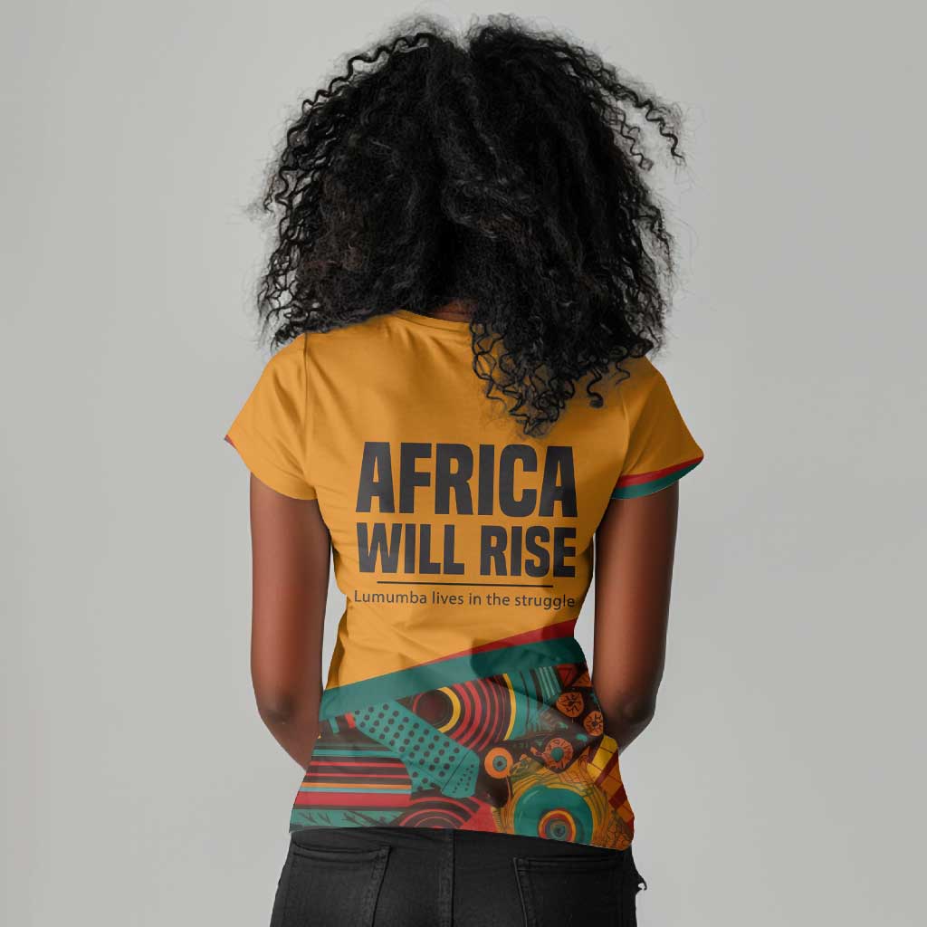 Patrice Lumumba Women V-Neck T-Shirt with Profile Portrait and Bold Africa Will Rise Statement - African Pride
