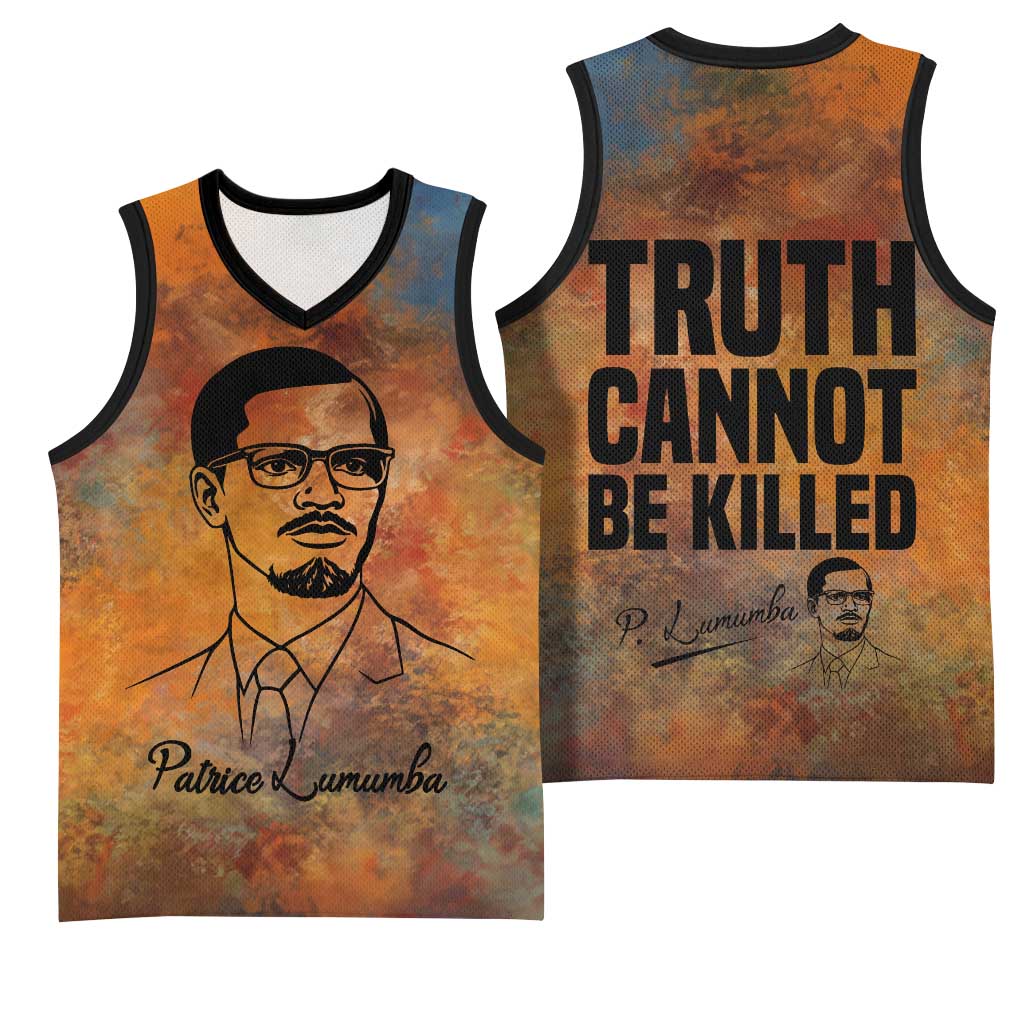 Patrice Lumumba Basketball Jersey with Line Art Portrait and Truth Cannot Be Killed Inspirational Quote - African Pride