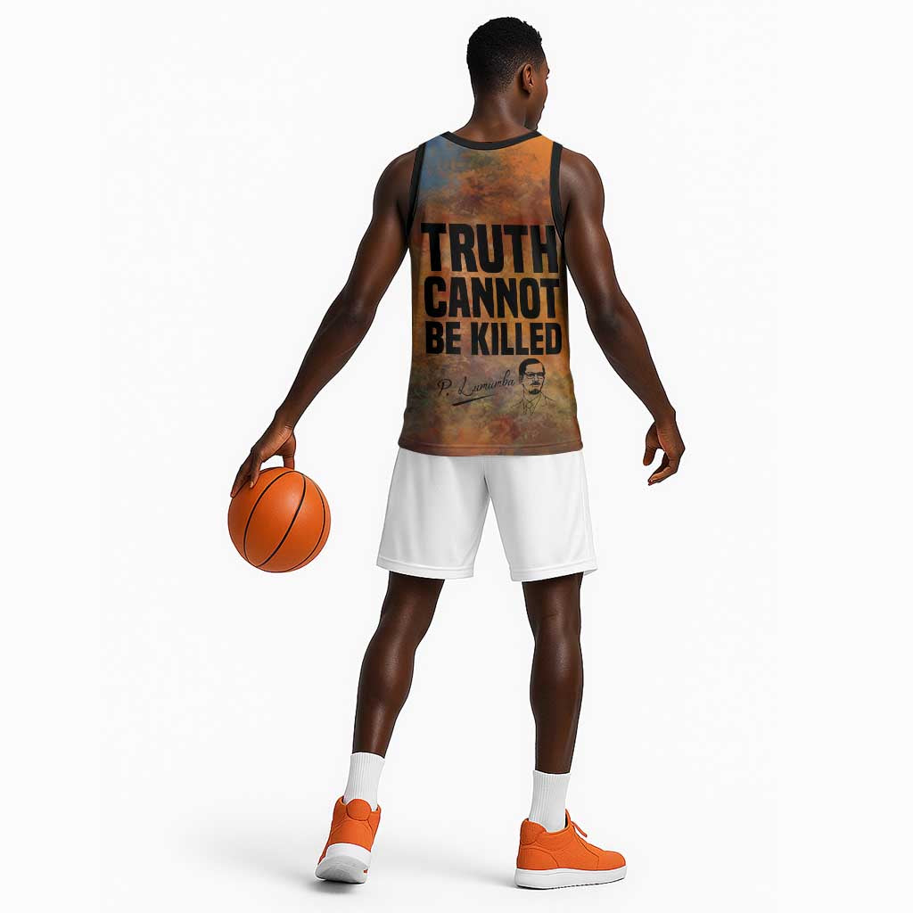 Patrice Lumumba Basketball Jersey with Line Art Portrait and Truth Cannot Be Killed Inspirational Quote - African Pride