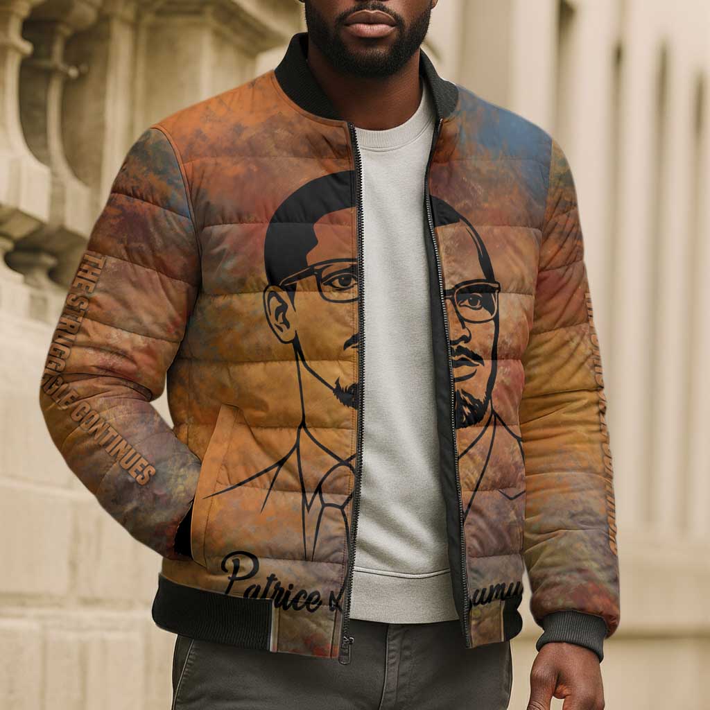 Patrice Lumumba Bomber Puffer Jacket with Line Art Portrait and Truth Cannot Be Killed Inspirational Quote - African Pride