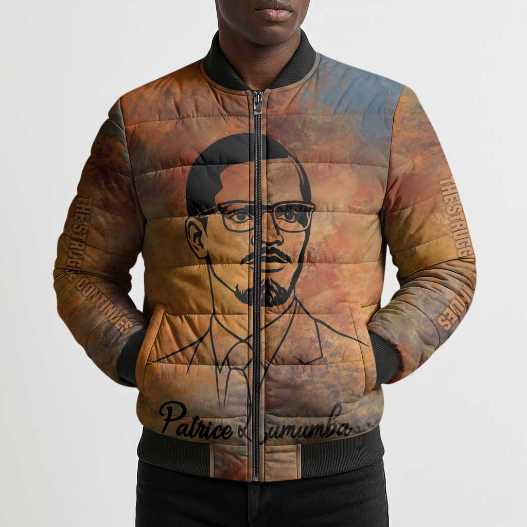 Patrice Lumumba Bomber Puffer Jacket with Line Art Portrait and Truth Cannot Be Killed Inspirational Quote - African Pride