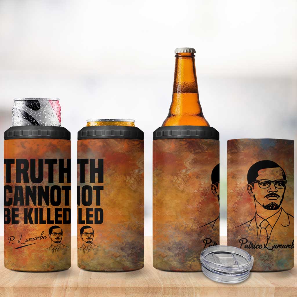 Patrice Lumumba 4 in 1 Can Cooler Tumbler with Line Art Portrait and Truth Cannot Be Killed Inspirational Quote - African Pride