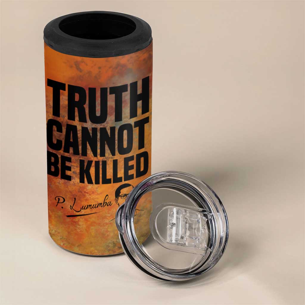 Patrice Lumumba 4 in 1 Can Cooler Tumbler with Line Art Portrait and Truth Cannot Be Killed Inspirational Quote - African Pride