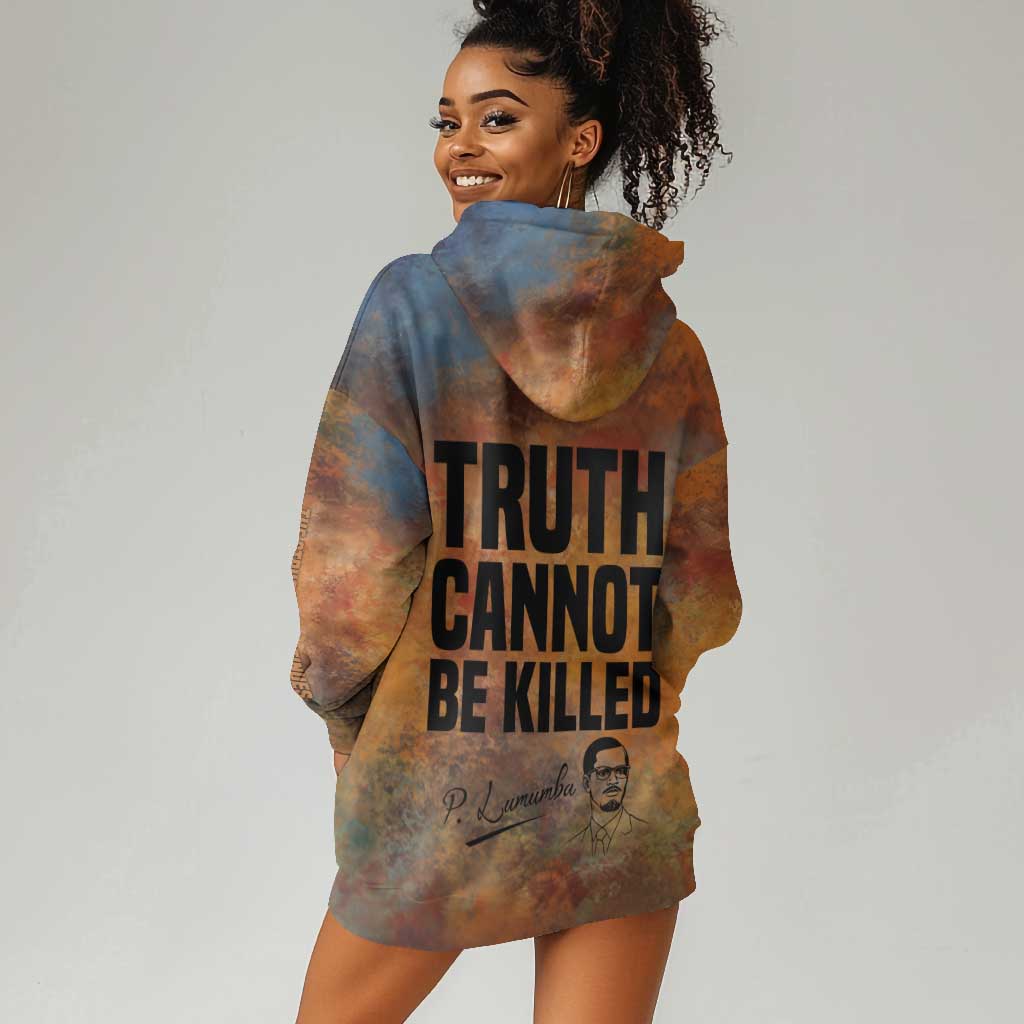 Patrice Lumumba Hoodie Dress with Line Art Portrait and Truth Cannot Be Killed Inspirational Quote - African Pride