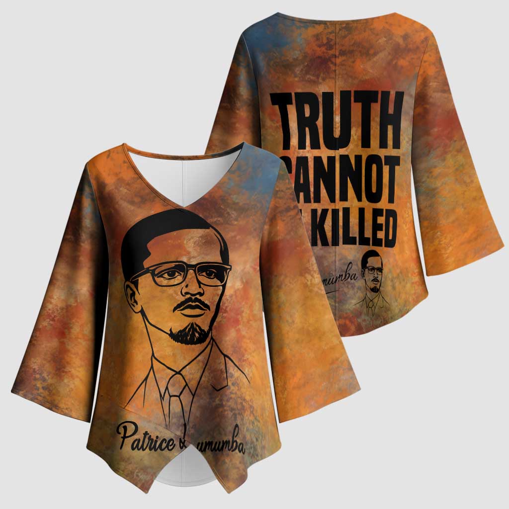 Patrice Lumumba Kimono Sleeve Blouse with Line Art Portrait and Truth Cannot Be Killed Inspirational Quote - African Pride