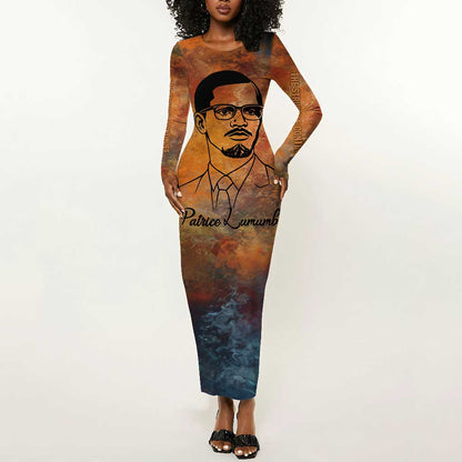 Patrice Lumumba Long Sleeve Bodycon Dress with Line Art Portrait and Truth Cannot Be Killed Inspirational Quote - African Pride