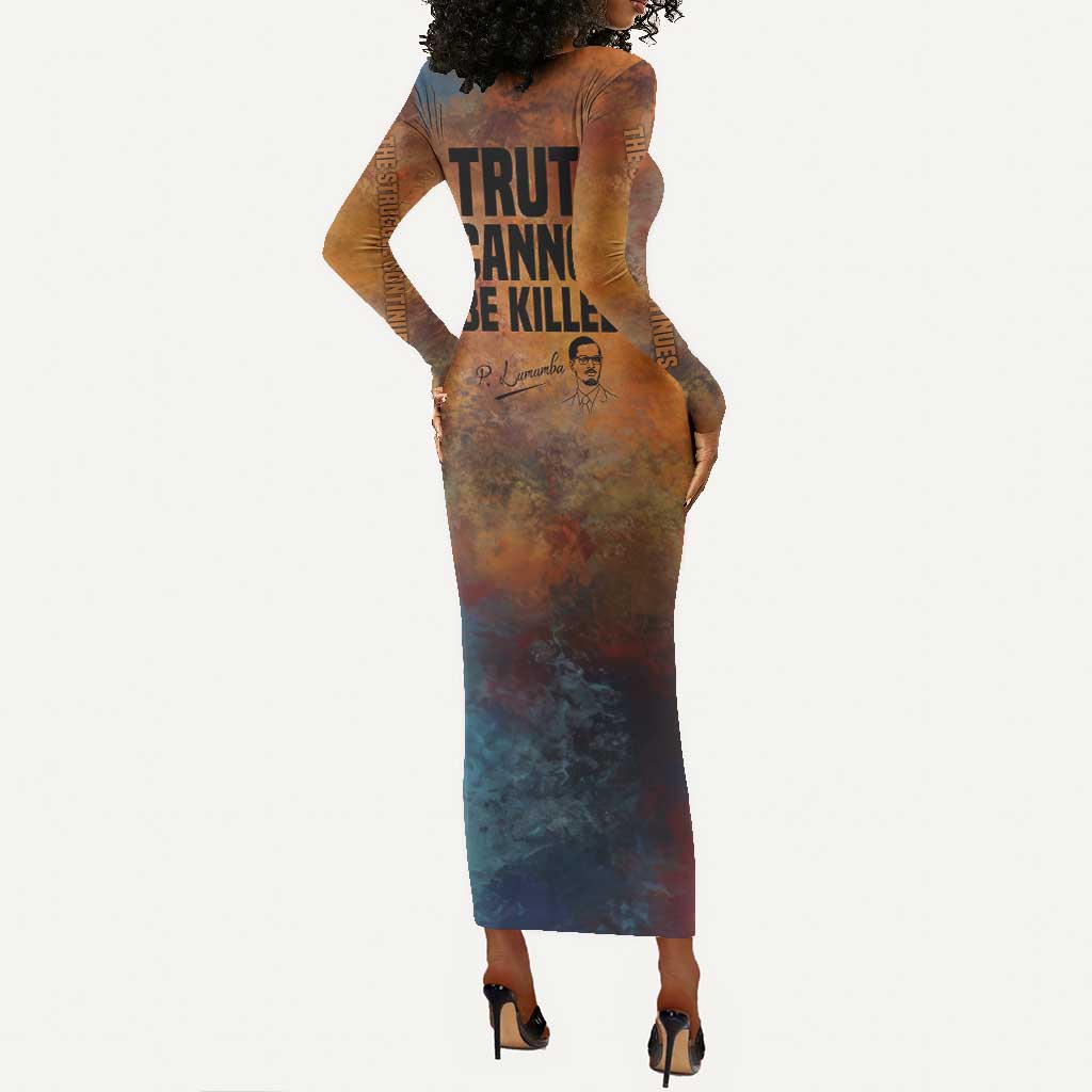 Patrice Lumumba Long Sleeve Bodycon Dress with Line Art Portrait and Truth Cannot Be Killed Inspirational Quote - African Pride