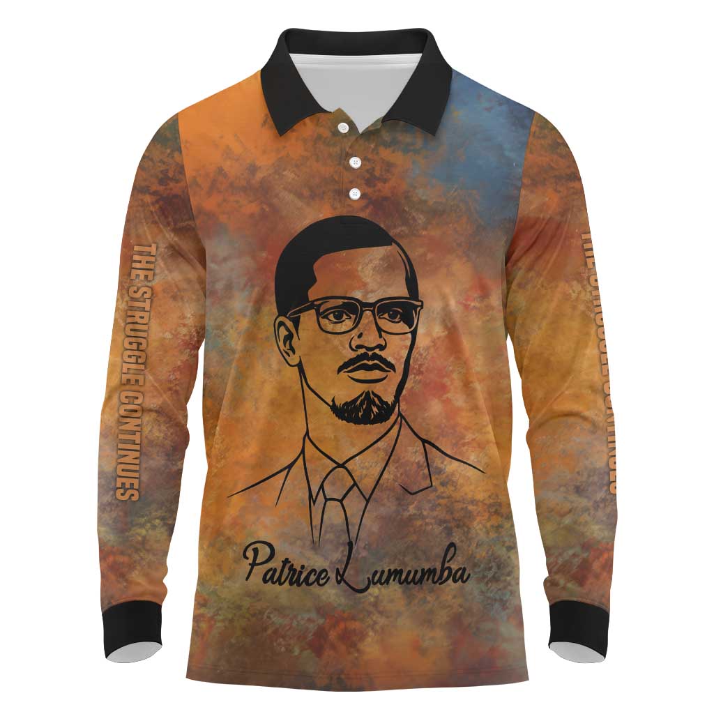 Patrice Lumumba Long Sleeve Polo Shirt with Line Art Portrait and Truth Cannot Be Killed Inspirational Quote - African Pride