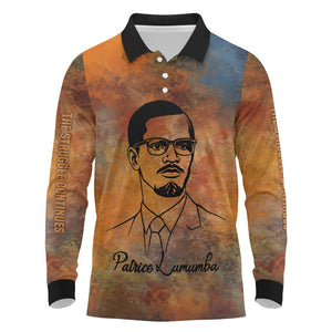 Patrice Lumumba Long Sleeve Polo Shirt with Line Art Portrait and Truth Cannot Be Killed Inspirational Quote - African Pride