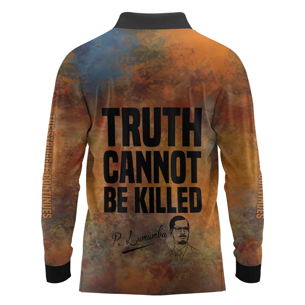 Patrice Lumumba Long Sleeve Polo Shirt with Line Art Portrait and Truth Cannot Be Killed Inspirational Quote - African Pride