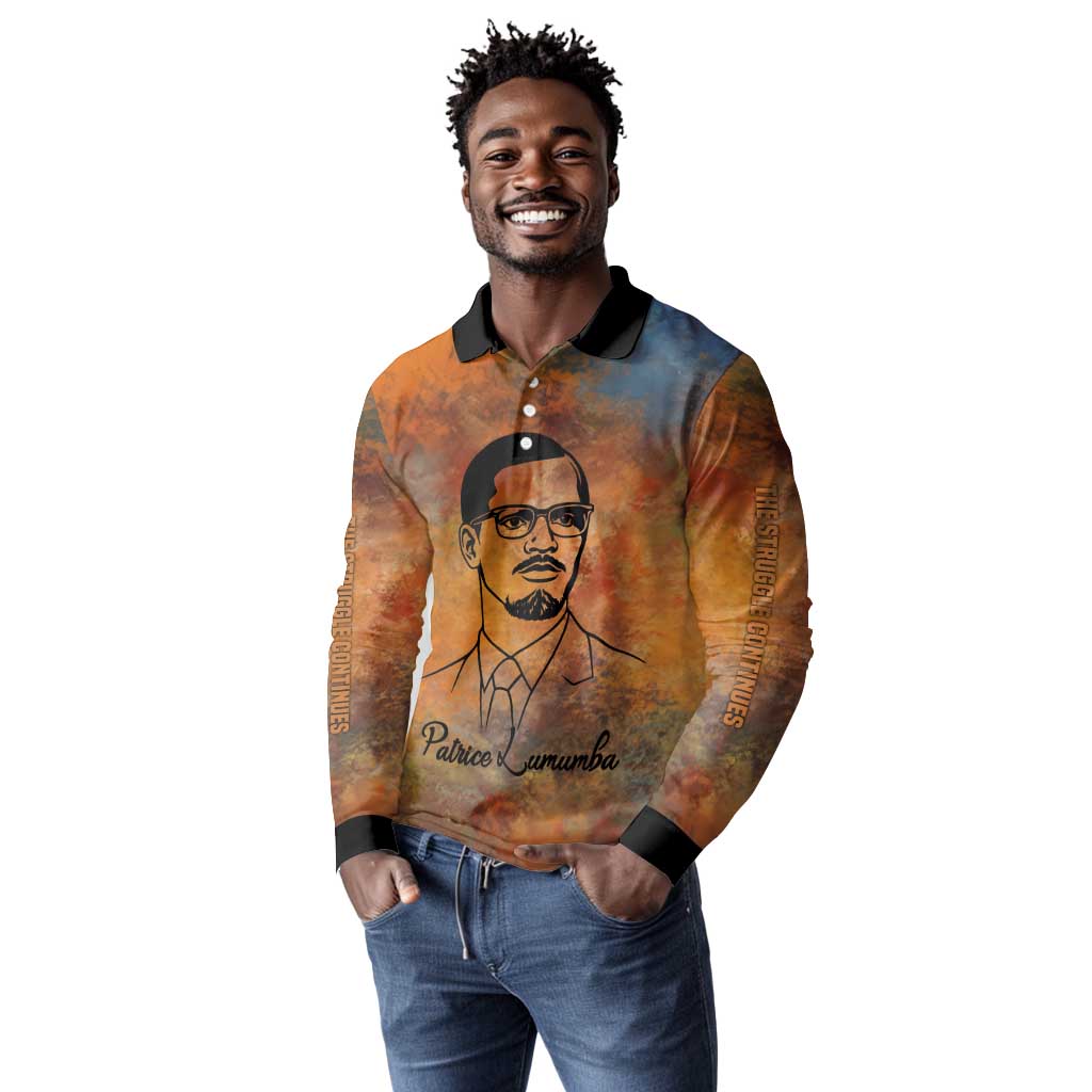 Patrice Lumumba Long Sleeve Polo Shirt with Line Art Portrait and Truth Cannot Be Killed Inspirational Quote - African Pride