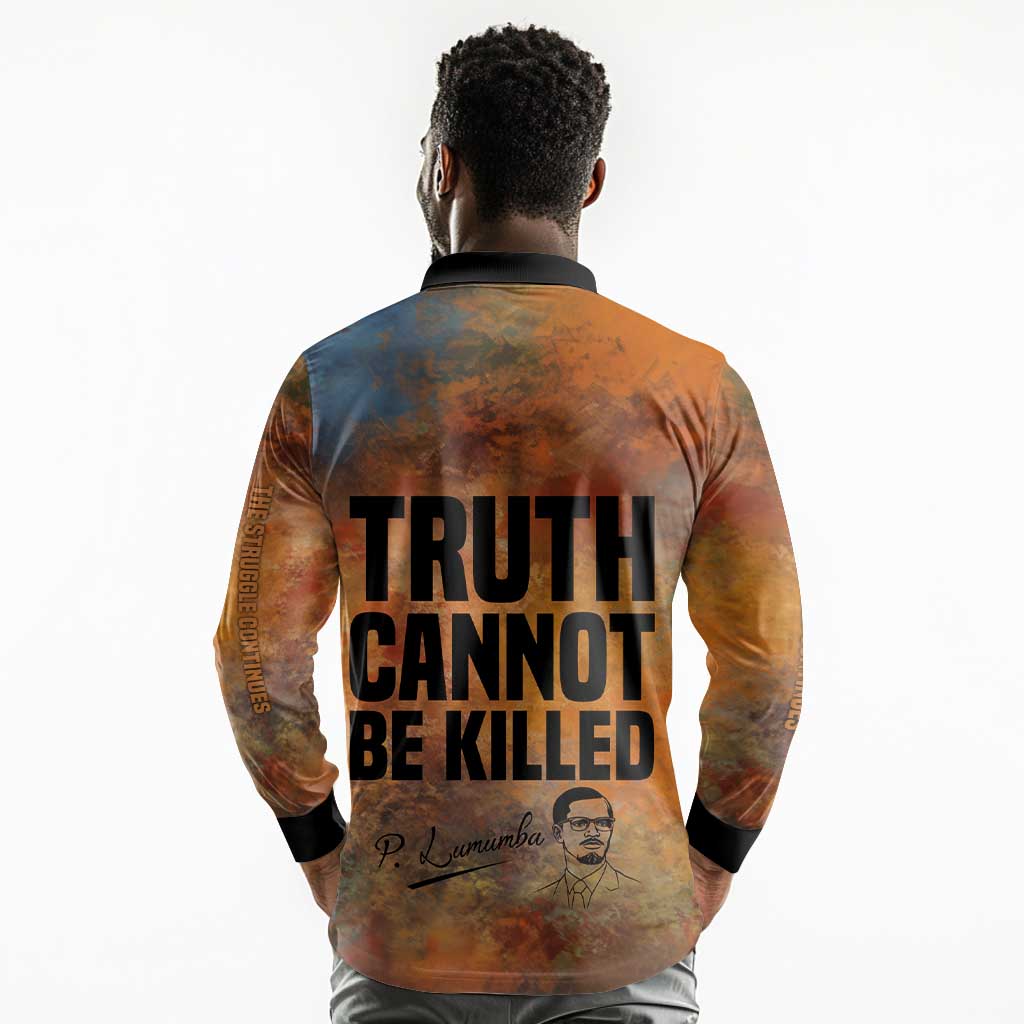 Patrice Lumumba Long Sleeve Polo Shirt with Line Art Portrait and Truth Cannot Be Killed Inspirational Quote - African Pride