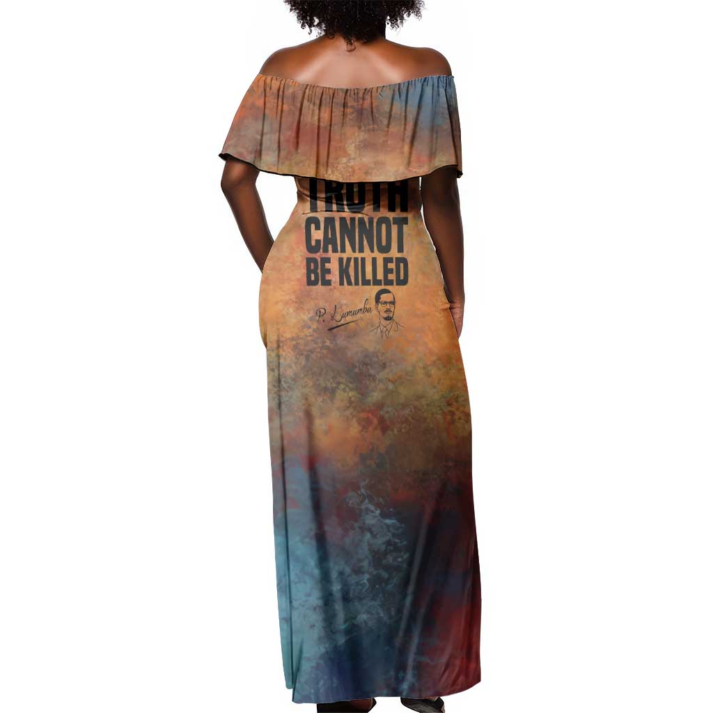 Patrice Lumumba Off Shoulder Maxi Dress with Line Art Portrait and Truth Cannot Be Killed Inspirational Quote - African Pride