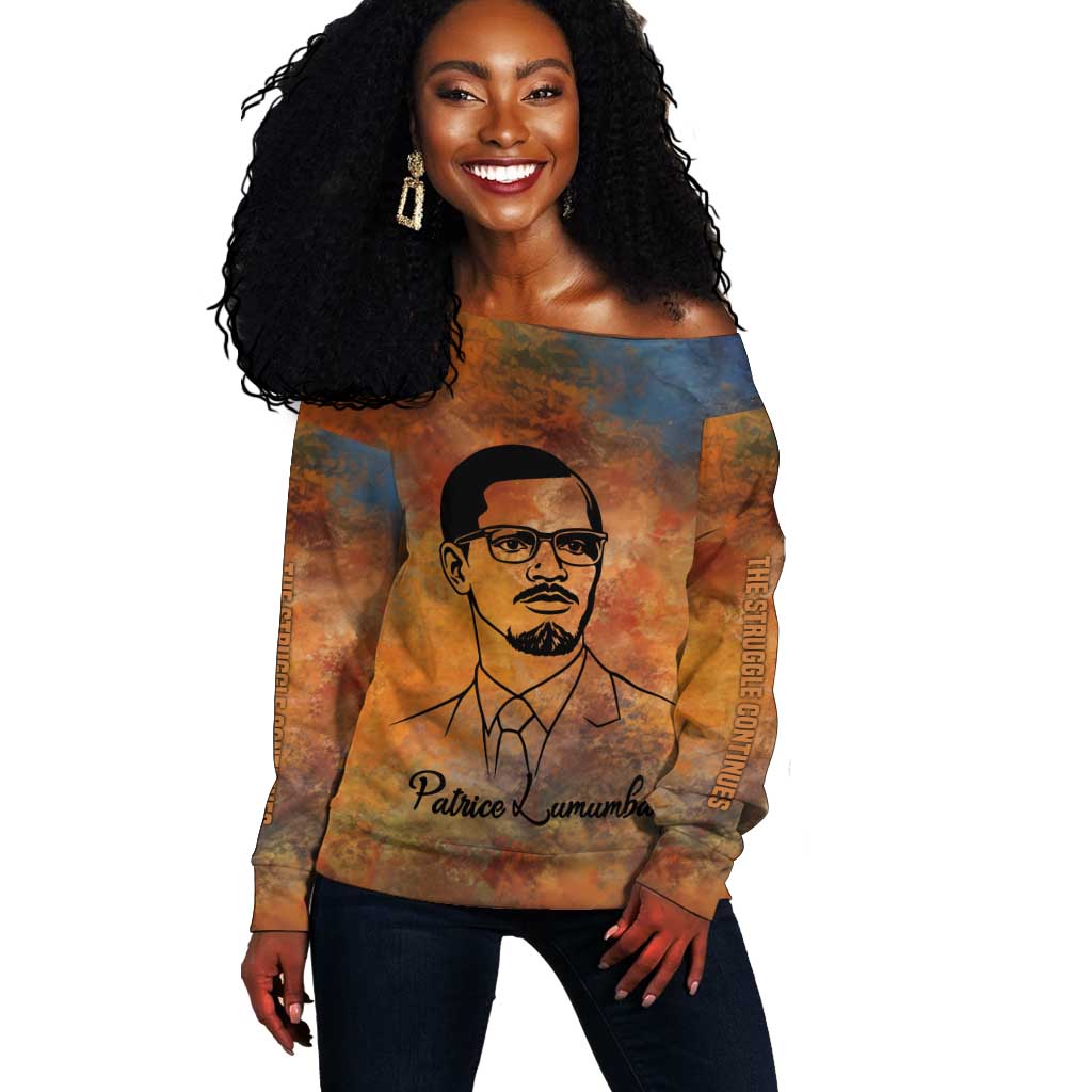 Patrice Lumumba Off Shoulder Sweater with Line Art Portrait and Truth Cannot Be Killed Inspirational Quote - African Pride