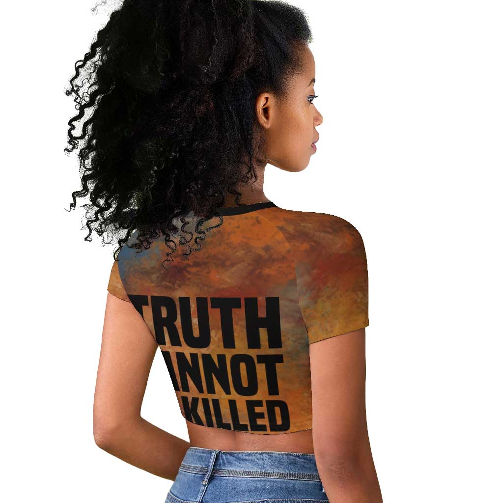 Patrice Lumumba Raglan Cropped T shirt with Line Art Portrait and Truth Cannot Be Killed Inspirational Quote - African Pride