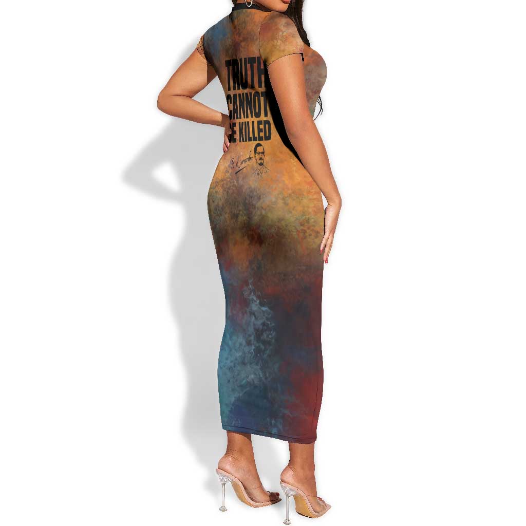 Patrice Lumumba Short Sleeve Bodycon Dress with Line Art Portrait and Truth Cannot Be Killed Inspirational Quote - African Pride