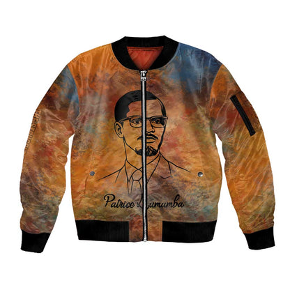 Patrice Lumumba Sleeve Zip Bomber Jacket with Line Art Portrait and Truth Cannot Be Killed Inspirational Quote - African Pride