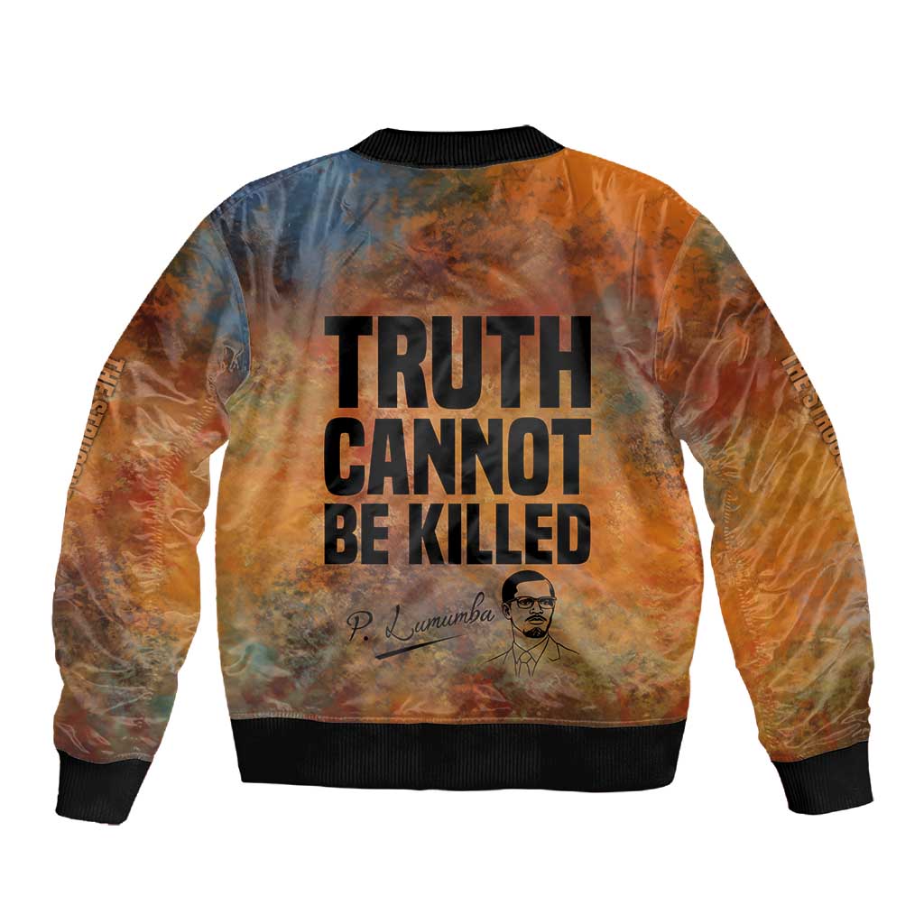 Patrice Lumumba Sleeve Zip Bomber Jacket with Line Art Portrait and Truth Cannot Be Killed Inspirational Quote - African Pride