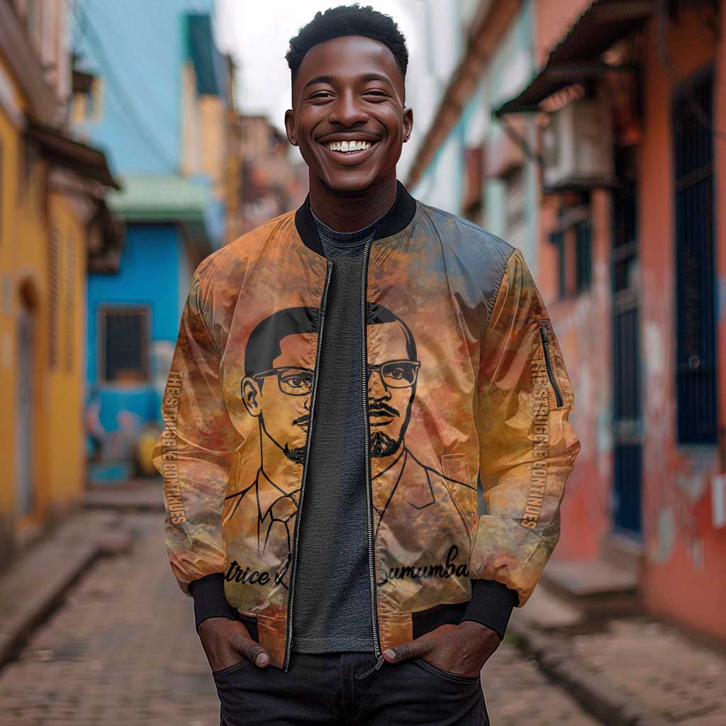 Patrice Lumumba Sleeve Zip Bomber Jacket with Line Art Portrait and Truth Cannot Be Killed Inspirational Quote - African Pride