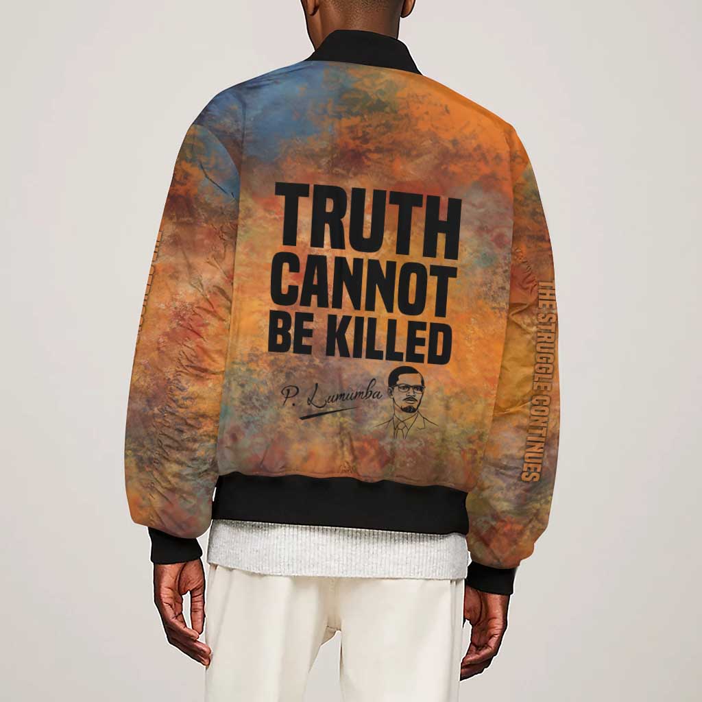 Patrice Lumumba Sleeve Zip Bomber Jacket with Line Art Portrait and Truth Cannot Be Killed Inspirational Quote - African Pride