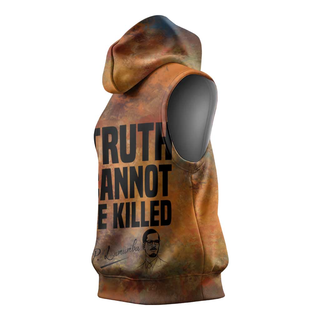Patrice Lumumba Sleeveless Hoodie with Line Art Portrait and Truth Cannot Be Killed Inspirational Quote - African Pride