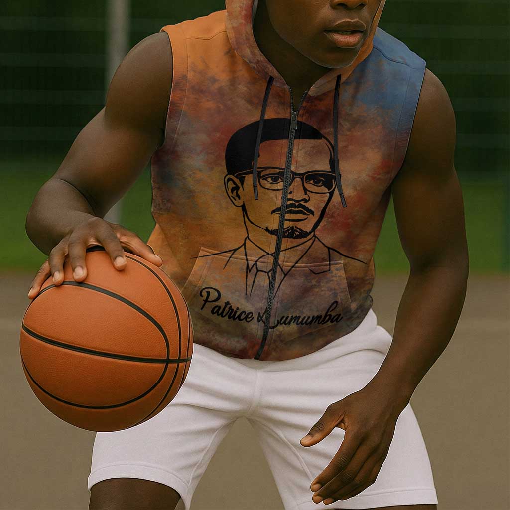 Patrice Lumumba Sleeveless Zip Hoodie with Line Art Portrait and Truth Cannot Be Killed Inspirational Quote - African Pride