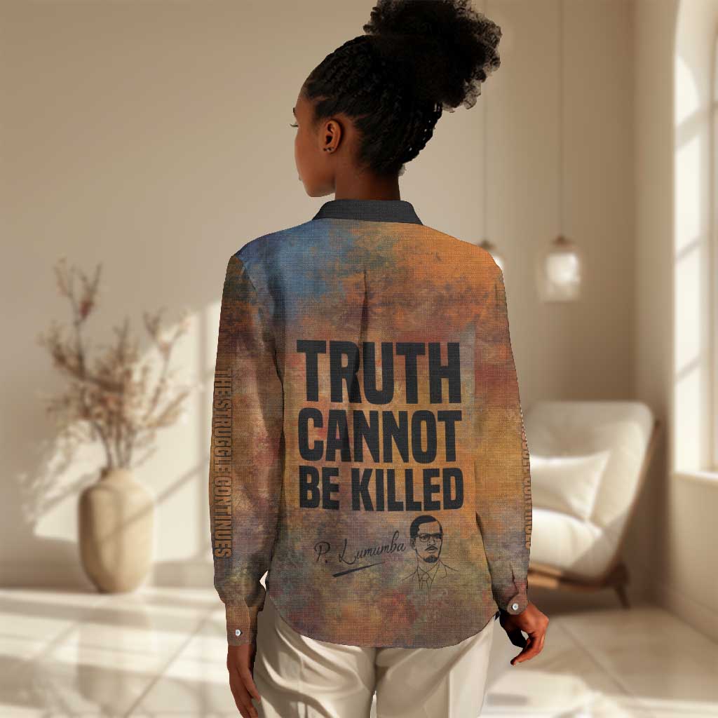 Patrice Lumumba Women Casual Shirt with Line Art Portrait and Truth Cannot Be Killed Inspirational Quote - African Pride