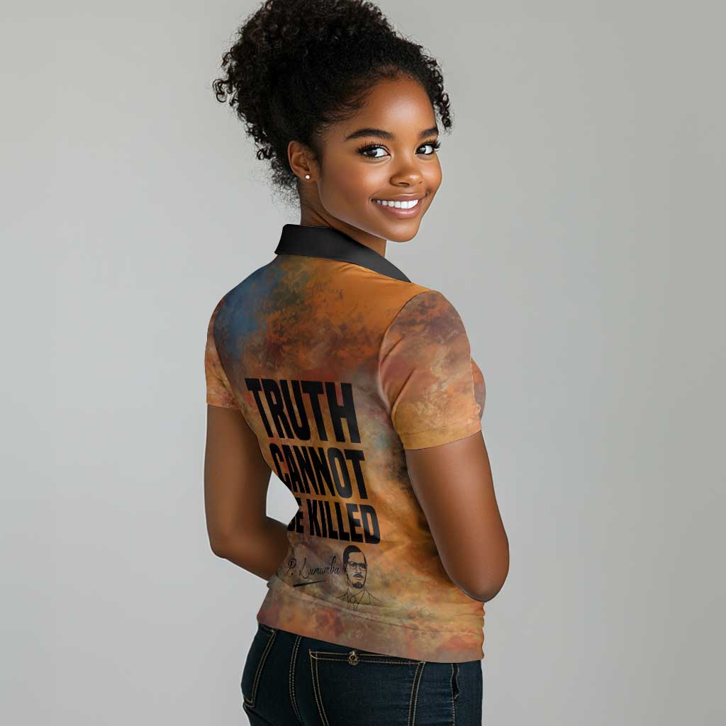 Patrice Lumumba Women Polo Shirt with Line Art Portrait and Truth Cannot Be Killed Inspirational Quote - African Pride