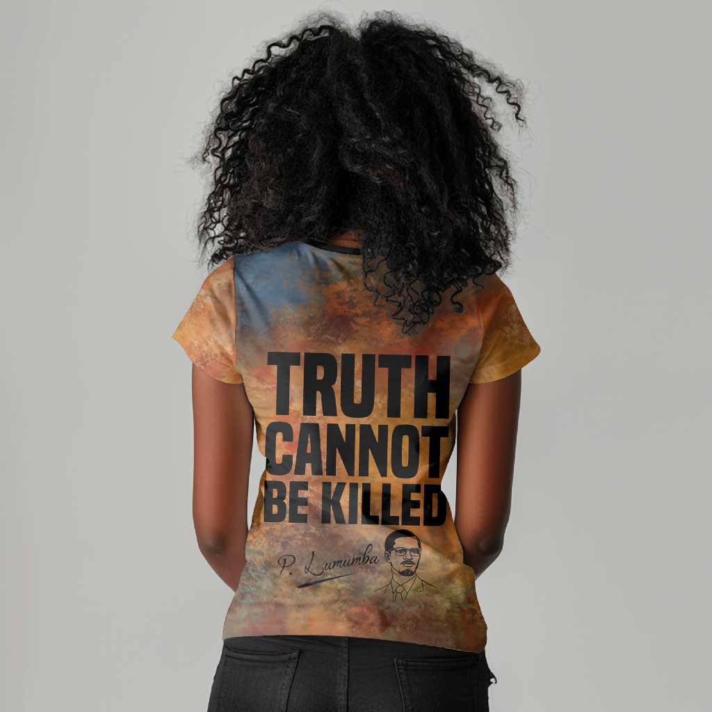 Patrice Lumumba Women V-Neck T-Shirt with Line Art Portrait and Truth Cannot Be Killed Inspirational Quote - African Pride