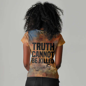 Patrice Lumumba Women V-Neck T-Shirt with Line Art Portrait and Truth Cannot Be Killed Inspirational Quote - African Pride