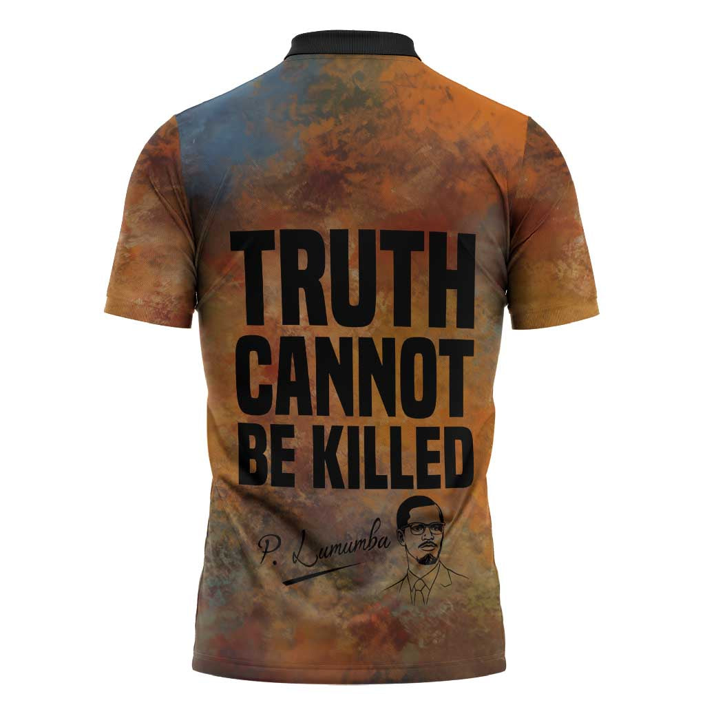 Patrice Lumumba Zipper Polo Shirt with Line Art Portrait and Truth Cannot Be Killed Inspirational Quote - African Pride