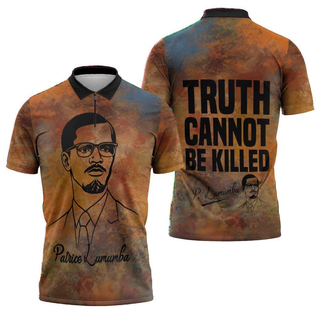 Patrice Lumumba Zipper Polo Shirt with Line Art Portrait and Truth Cannot Be Killed Inspirational Quote - African Pride