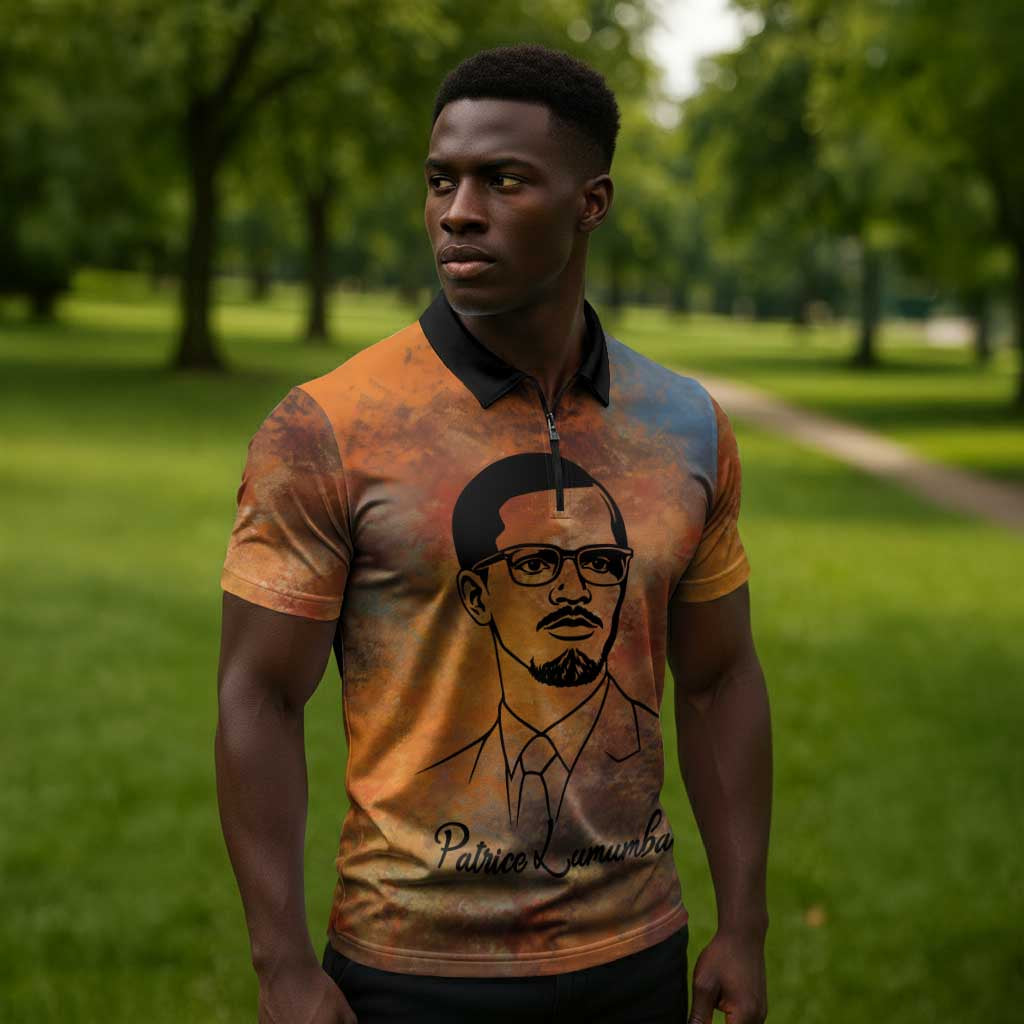 Patrice Lumumba Zipper Polo Shirt with Line Art Portrait and Truth Cannot Be Killed Inspirational Quote - African Pride