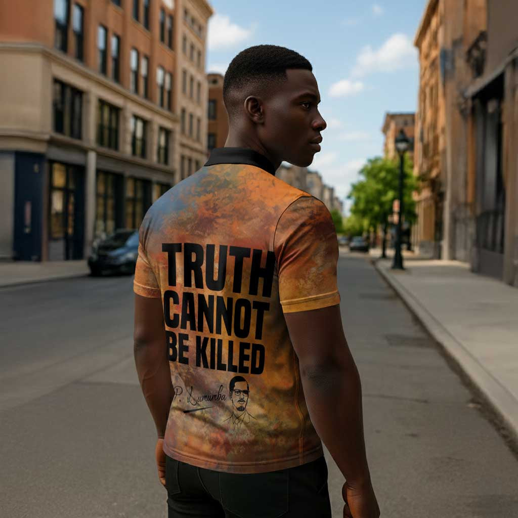 Patrice Lumumba Zipper Polo Shirt with Line Art Portrait and Truth Cannot Be Killed Inspirational Quote - African Pride