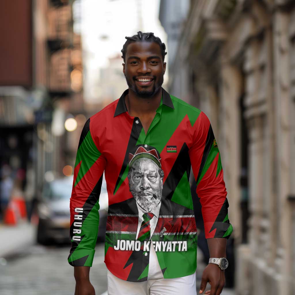 Jomo Kenyatta Long Sleeve Button Shirt Patriotic Colors Design and Father of the Kenyan Nation Tribute - African Pride