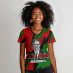 Jomo Kenyatta Women V-Neck T-Shirt Patriotic Colors Design and Father of the Kenyan Nation Tribute - African Pride