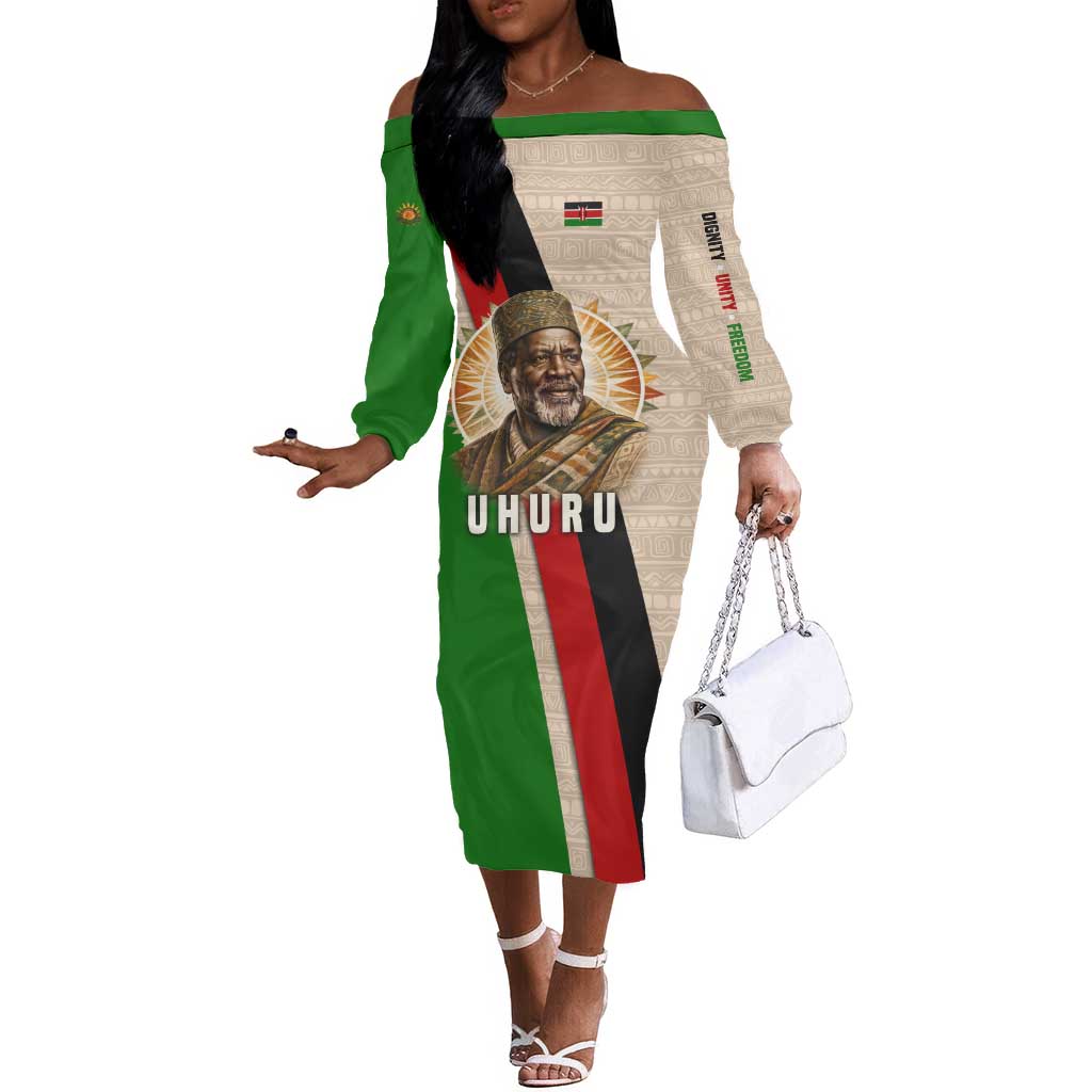 Jomo Kenyatta Off The Shoulder Long Sleeve Dress Uhuru and Kenyan Heritage Quote Tribute - African Pride