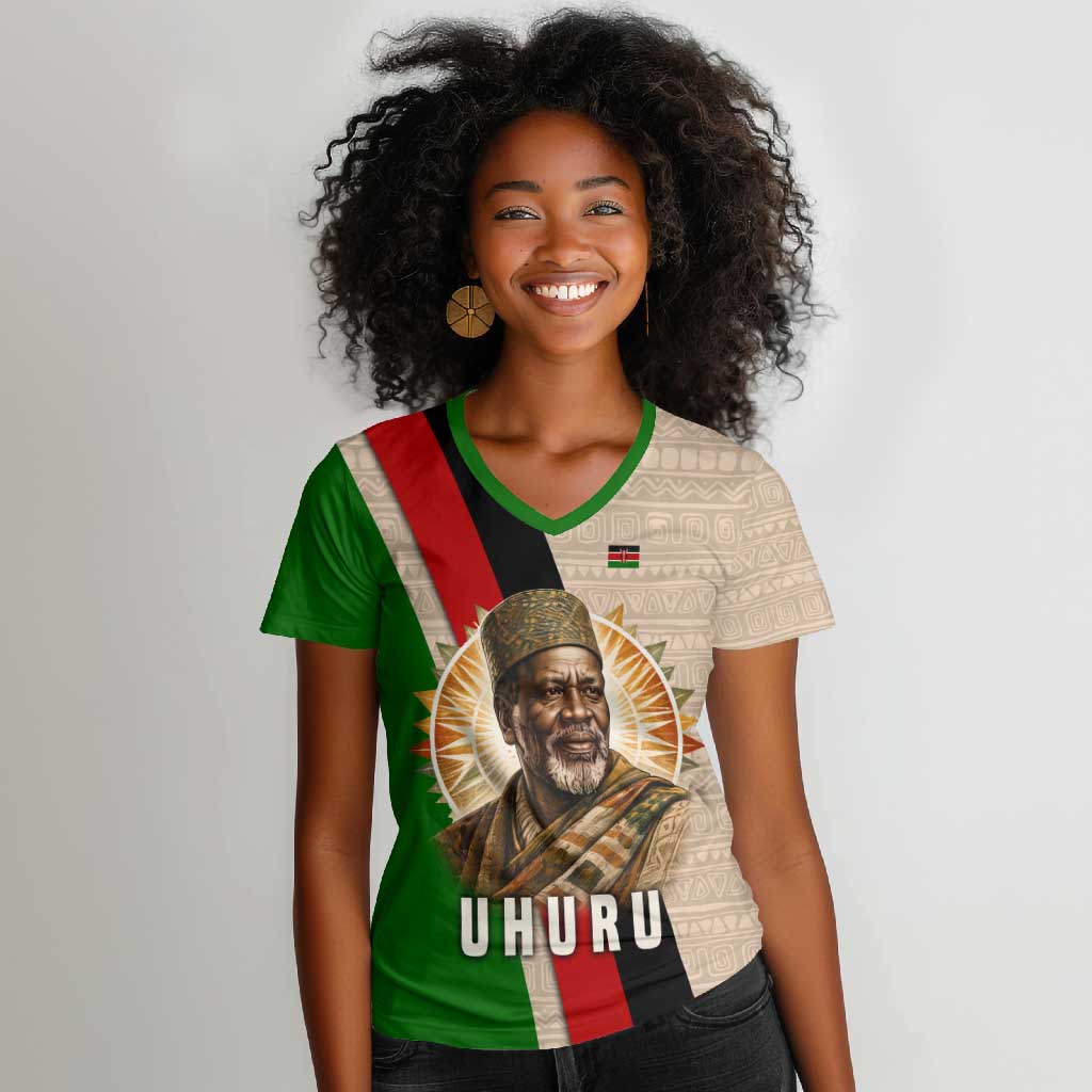 Jomo Kenyatta Women V-Neck T-Shirt Uhuru and Kenyan Heritage Quote Tribute - African Pride