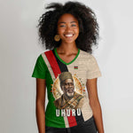 Jomo Kenyatta Women V-Neck T-Shirt Uhuru and Kenyan Heritage Quote Tribute - African Pride
