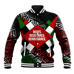 Jomo Kenyatta Baseball Jacket with Roots Resistance Renaissance and Kenyan Patchwork Pattern Tribute - African Pride