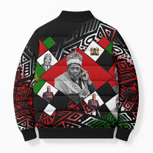 Jomo Kenyatta Bomber Puffer Jacket with Roots Resistance Renaissance and Kenyan Patchwork Pattern Tribute - African Pride