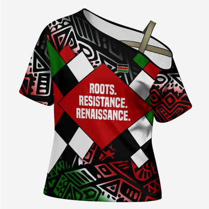 Jomo Kenyatta Cross Shoulder Shirt with Roots Resistance Renaissance and Kenyan Patchwork Pattern Tribute - African Pride