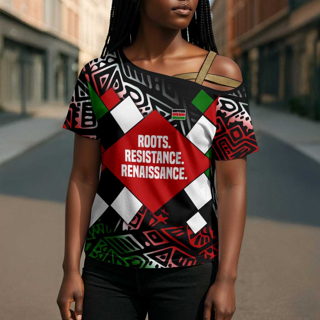Jomo Kenyatta Cross Shoulder Shirt with Roots Resistance Renaissance and Kenyan Patchwork Pattern Tribute - African Pride