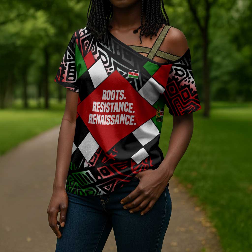 Jomo Kenyatta Cross Shoulder Shirt with Roots Resistance Renaissance and Kenyan Patchwork Pattern Tribute - African Pride