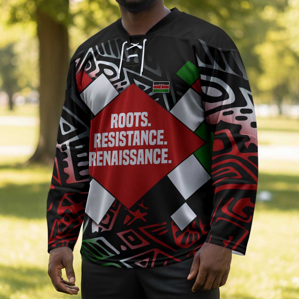 Jomo Kenyatta Hockey Jersey with Roots Resistance Renaissance and Kenyan Patchwork Pattern Tribute - African Pride
