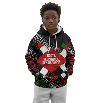 Jomo Kenyatta Kid Hoodie with Roots Resistance Renaissance and Kenyan Patchwork Pattern Tribute - African Pride