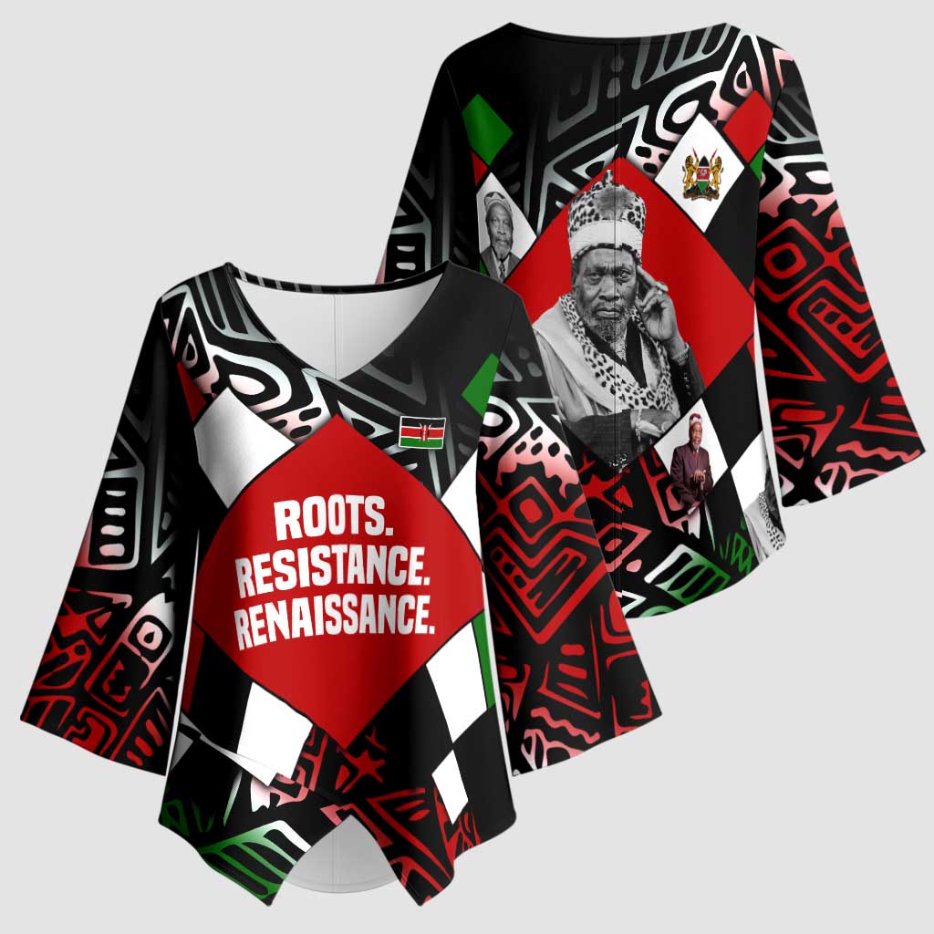 Jomo Kenyatta Kimono Sleeve Blouse with Roots Resistance Renaissance and Kenyan Patchwork Pattern Tribute - African Pride