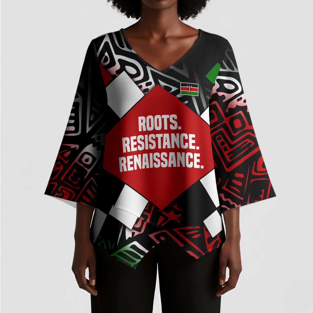 Jomo Kenyatta Kimono Sleeve Blouse with Roots Resistance Renaissance and Kenyan Patchwork Pattern Tribute - African Pride